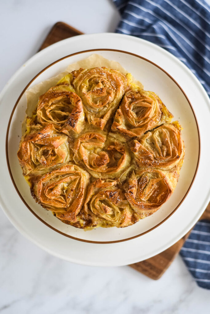 overhead image of milk pie with phyllo rosettes