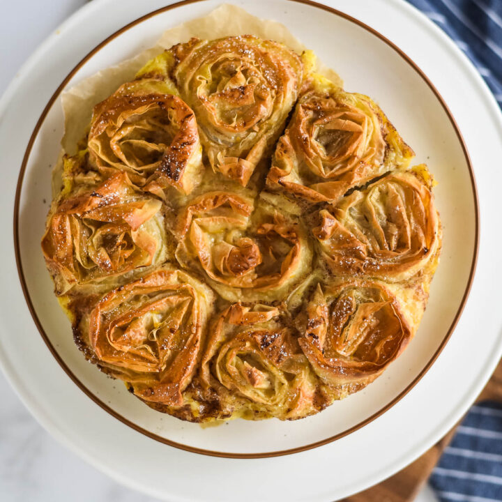 overhead image of milk pie with phyllo rosettes