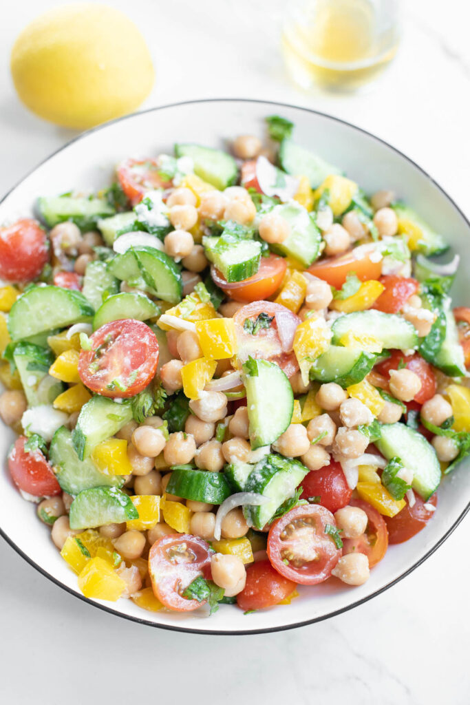 serving bowl with chickpea and feta salad 