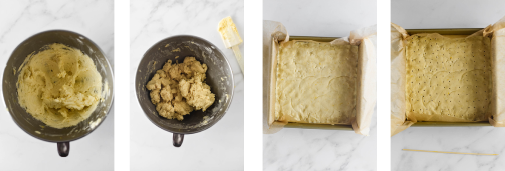 mixing shortbread and pressing into pan
