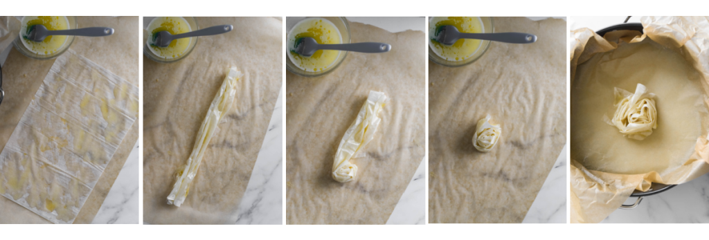 rolling phyllo into rosettes