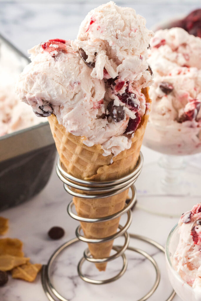 cherry chip ice cream in cone 