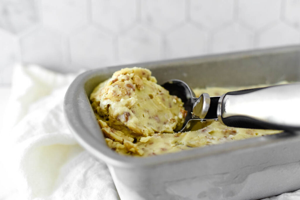 metal pan with no churn ice cream and scoop