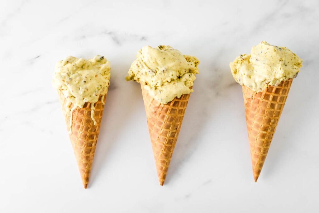 three ice cream cones in a row