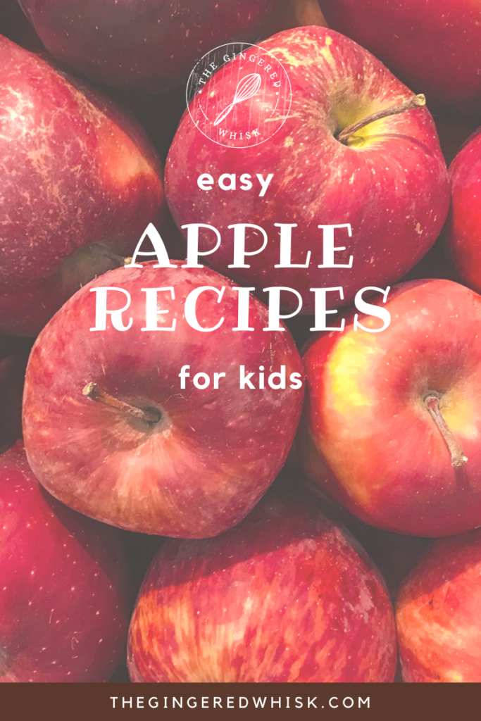 closeup of apples with white text overlay reading "apple recipes for kids: