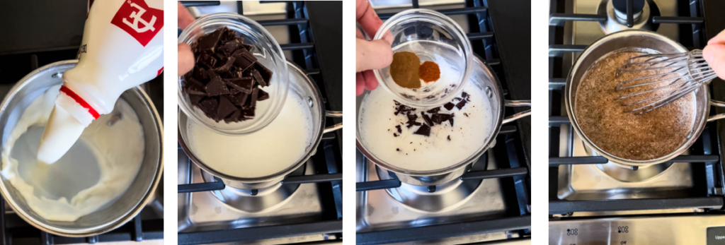 four photos showing whisking ingredients in saucepan for spanish hot chocoalte 