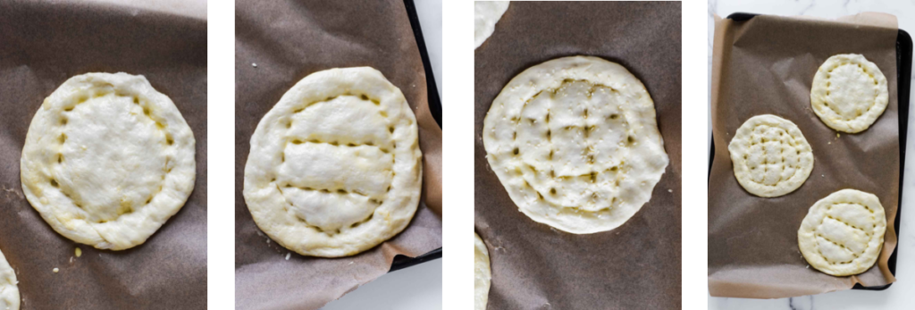 four images showing indentations on pide dough