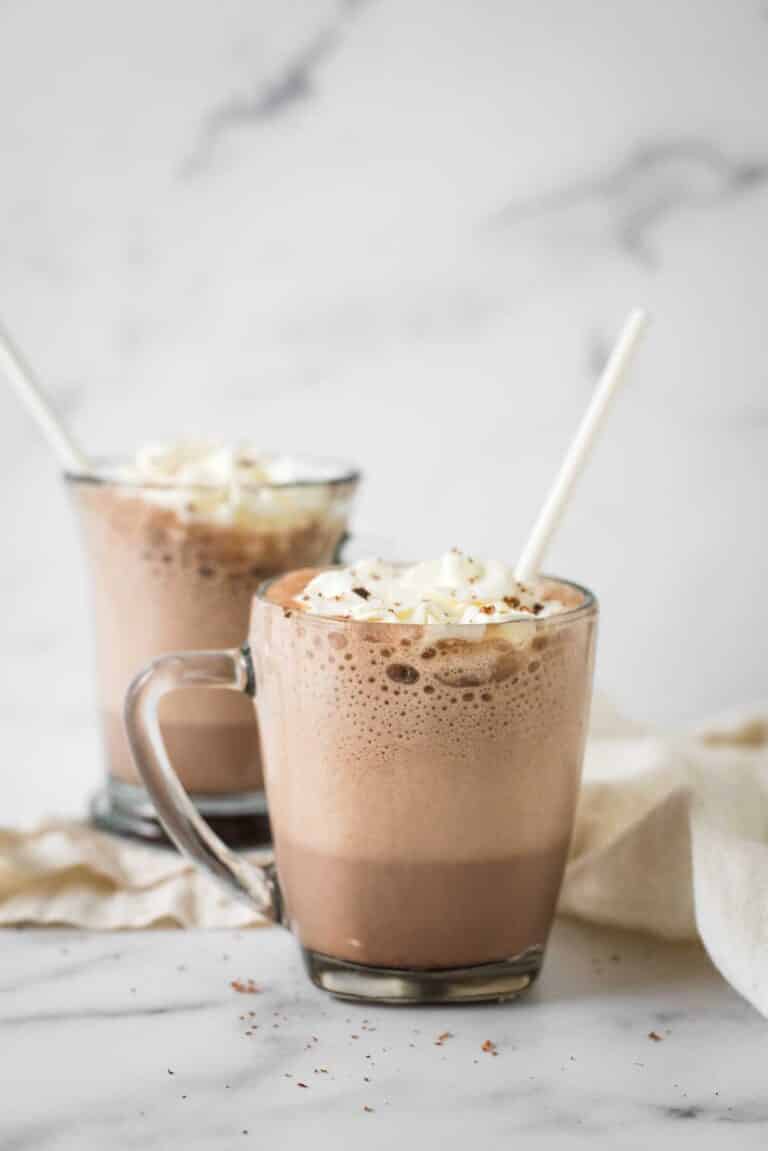 two glass mugs of frozen hot chocolate