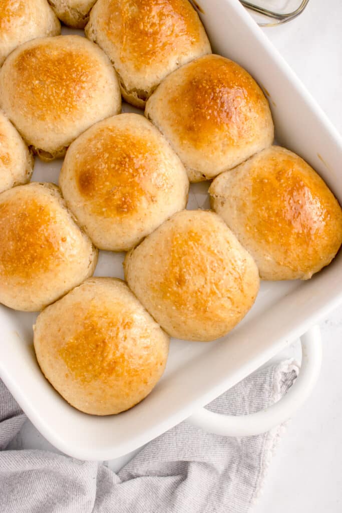 white pan with soft dinner rolls at an angle