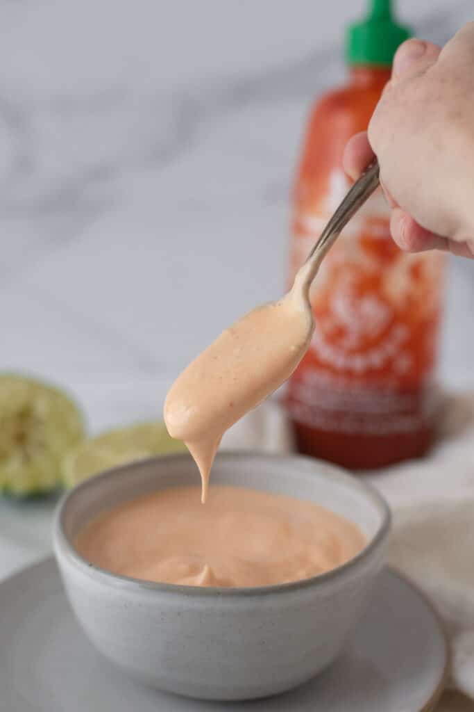 spicy mayo on spoon being pulled out of bowl