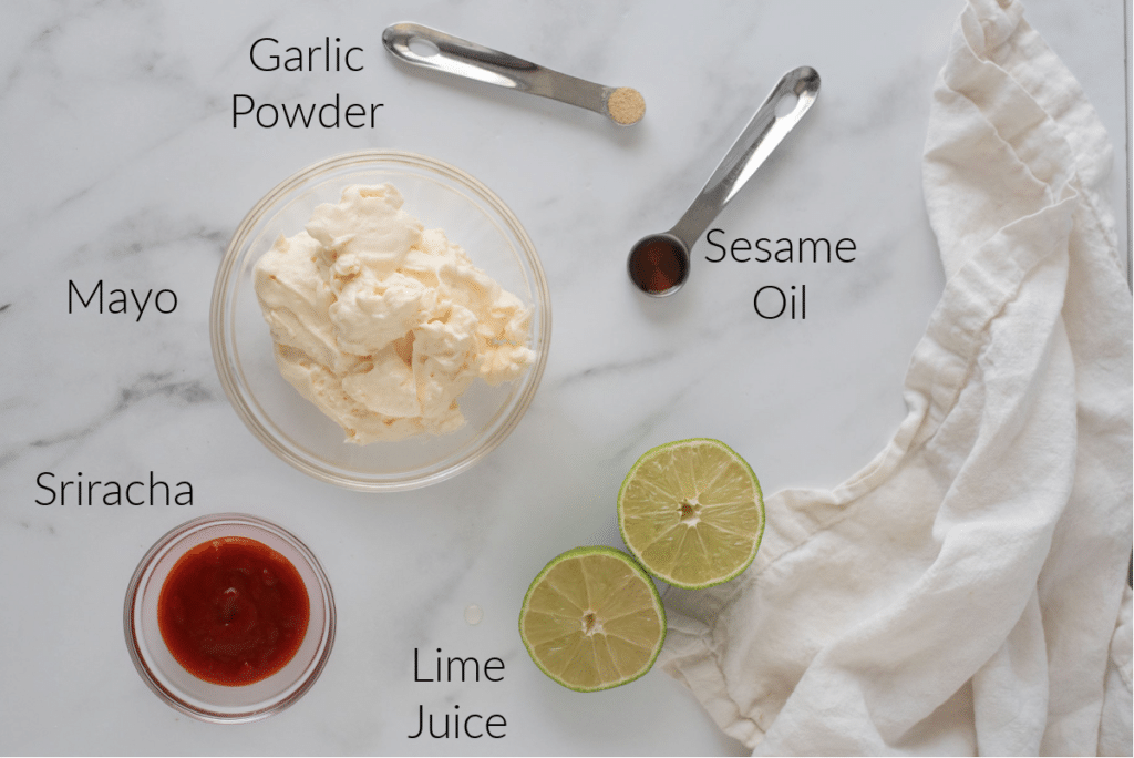 ingredients for spicy mayo with text overlay labels