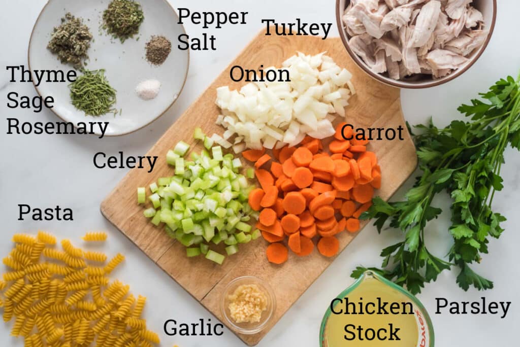 turkey soup ingredients with text labels