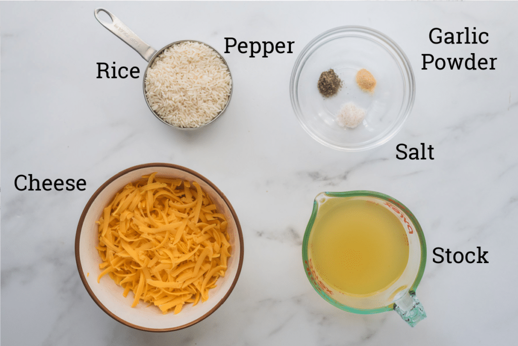 labeled ingredients for cheesy rice