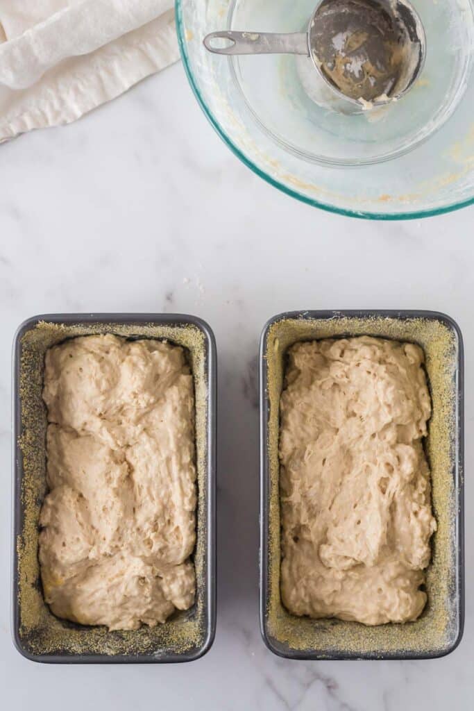 two loaf pans with bread dough