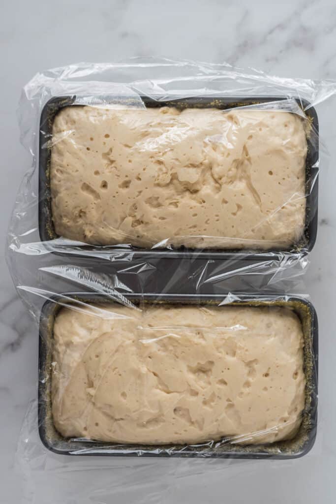 two loaf pans with dough that has doubled and is ready to bake