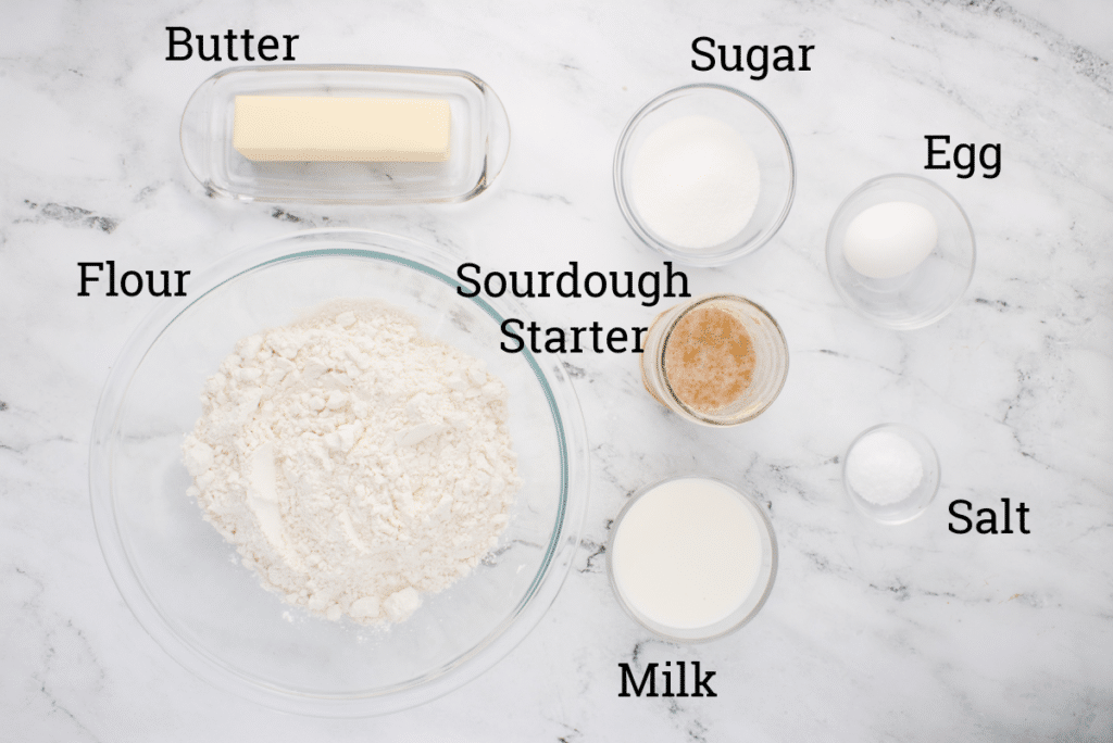 labeled ingredients for sourdough brioche