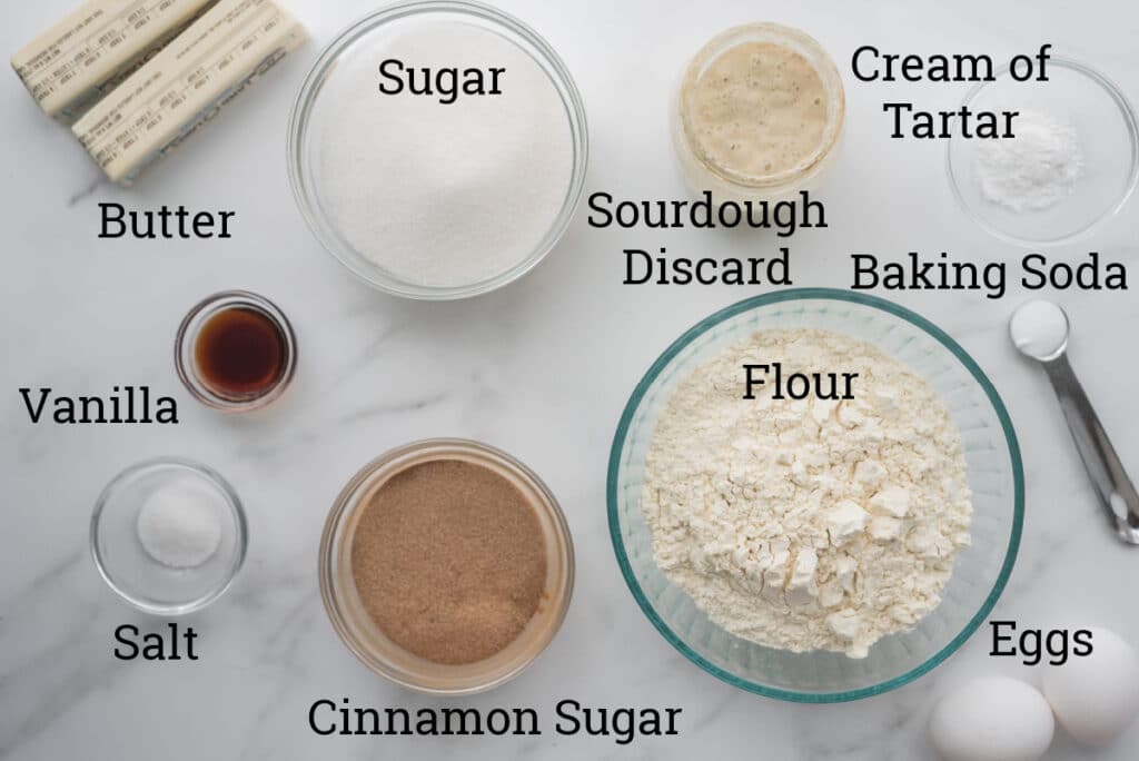 labeled ingredients for sourdough snickerdoodle cookies