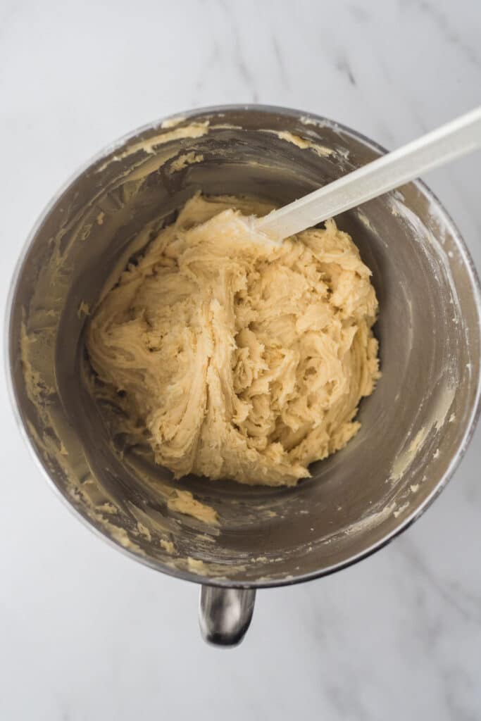 batter for snickerdoodle in bowl with white spatula