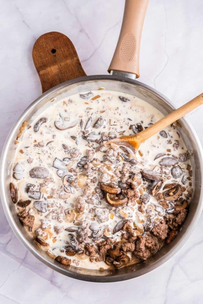 pan with beef, onions, mushrooms and sauce for stroganoff