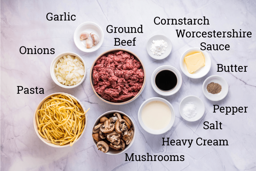 ingredients for beef stroganoff in white bowls with text overlays