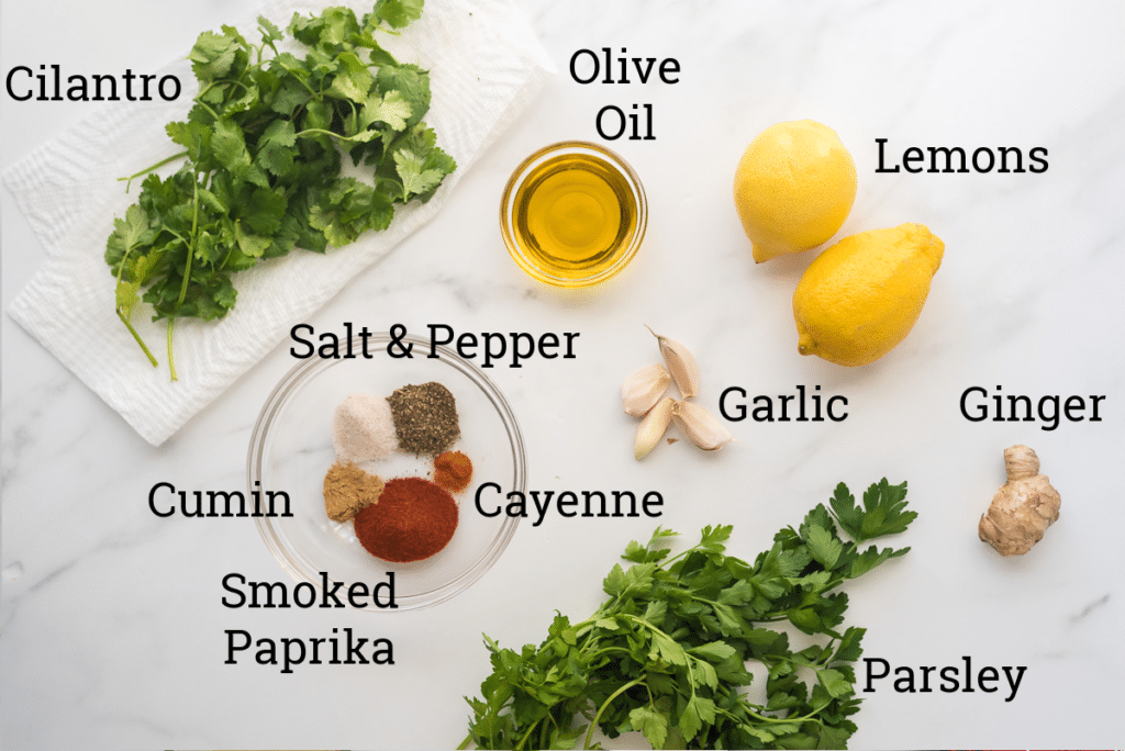 ingredients for chermoula sauce on white background with text labels