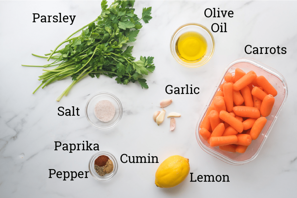 ingredients for carrot salad with text labels