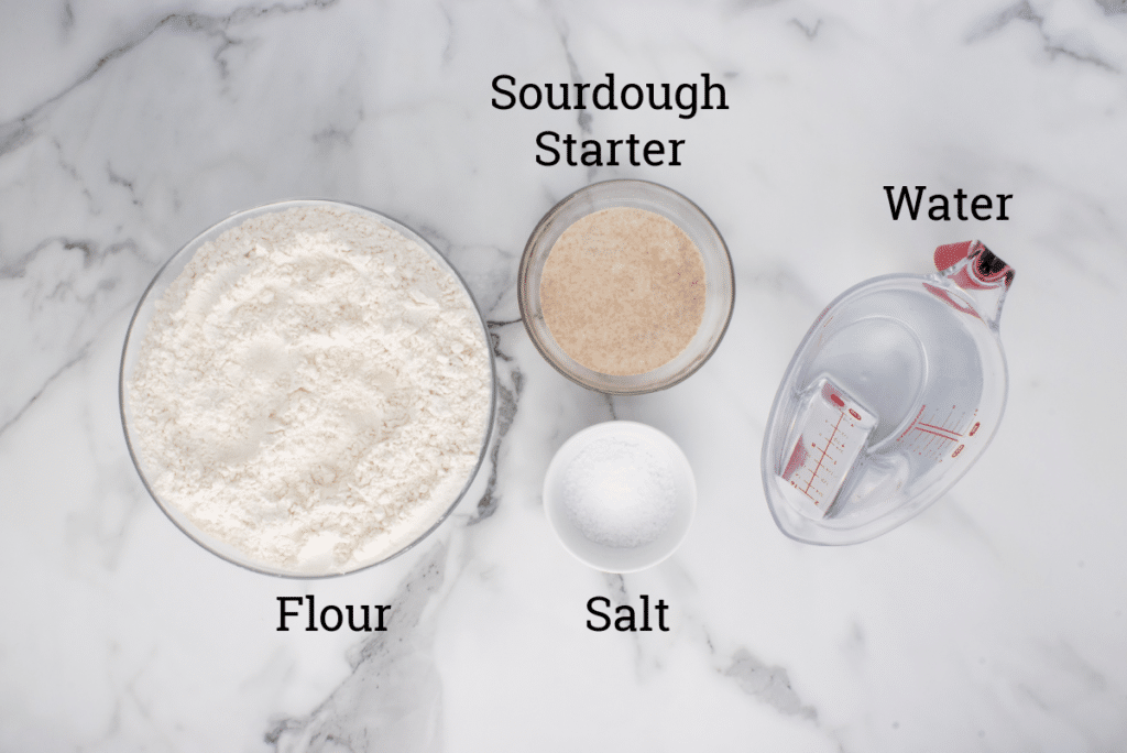 ingredients for sourdough baguette with labels