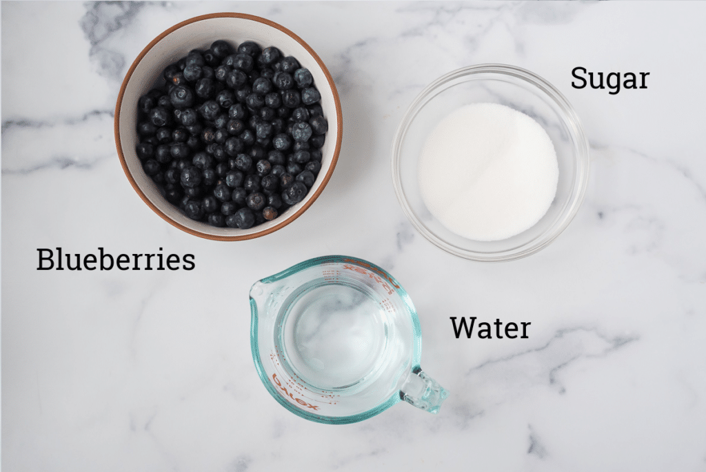 labeled ingredients for blueberry milk on marble counter 