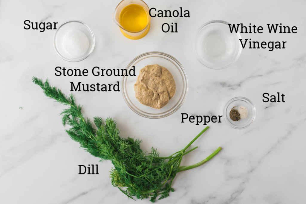 ingredients for dill sauce on counter with text labels overplayed