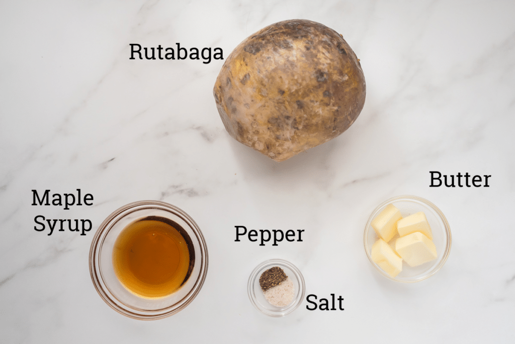 ingredients for roasted rutabaga on counter with text overlay