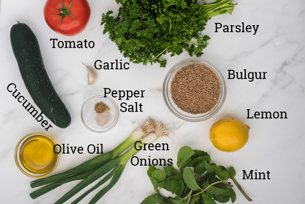 ingredients for tabbouleh with text overlay