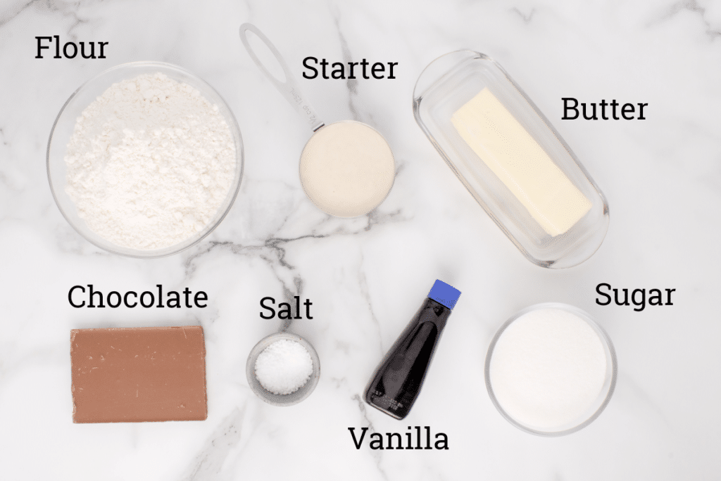 ingredients for sourdough shortbread cookies on marble counter with text overlay