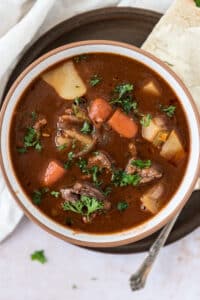 overhead view of bowl of beef stew