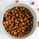 grey bowl with roasted chickpeas tossed with cinnamon sugar