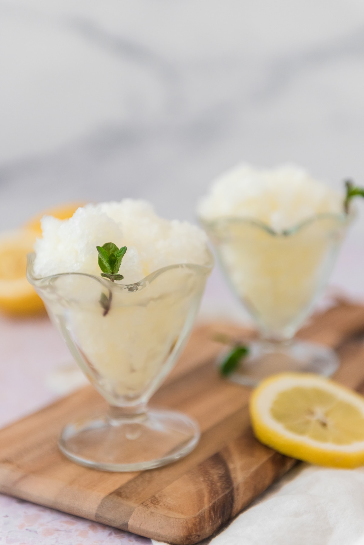 Italian lemon granita in glass ice cream bowls with mint surrounded by lemon slices