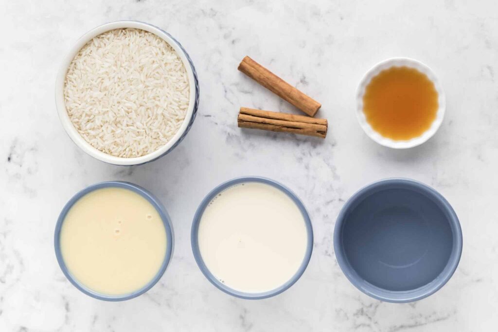 ingredients for horchata in bowls on counter