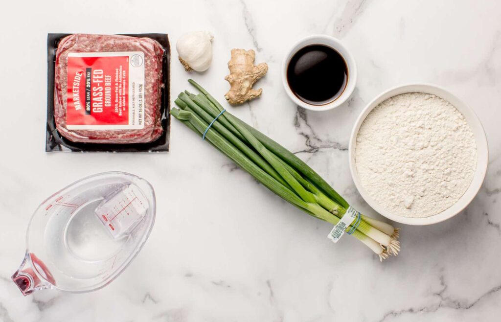 overhead view of ingredients for asian beef dumplings on marble counter