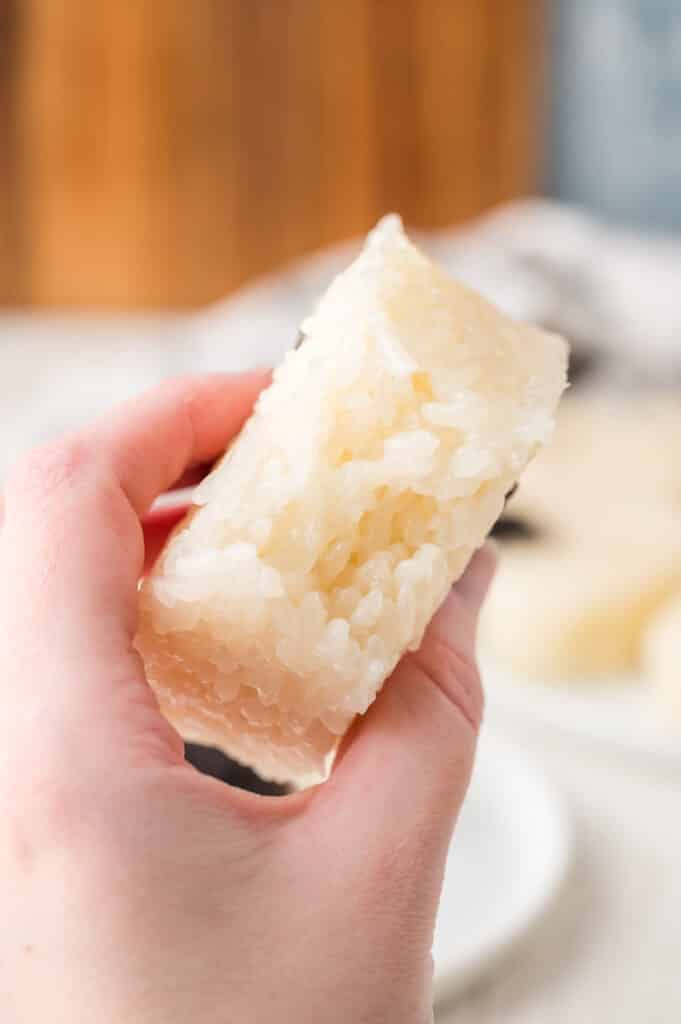 Hand holding onigiri with a bite taken out